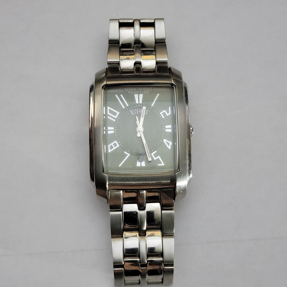 Kenneth Cole Reaction Mens Watch Stainless Steel Silver Case Green Dial Bracelet